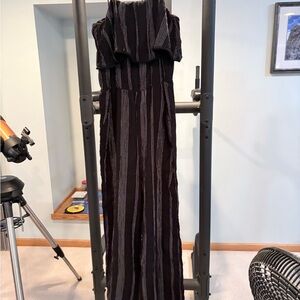 Women’s Strapless Ruffled Jumpsuit Dress - Black with Gray Stripes